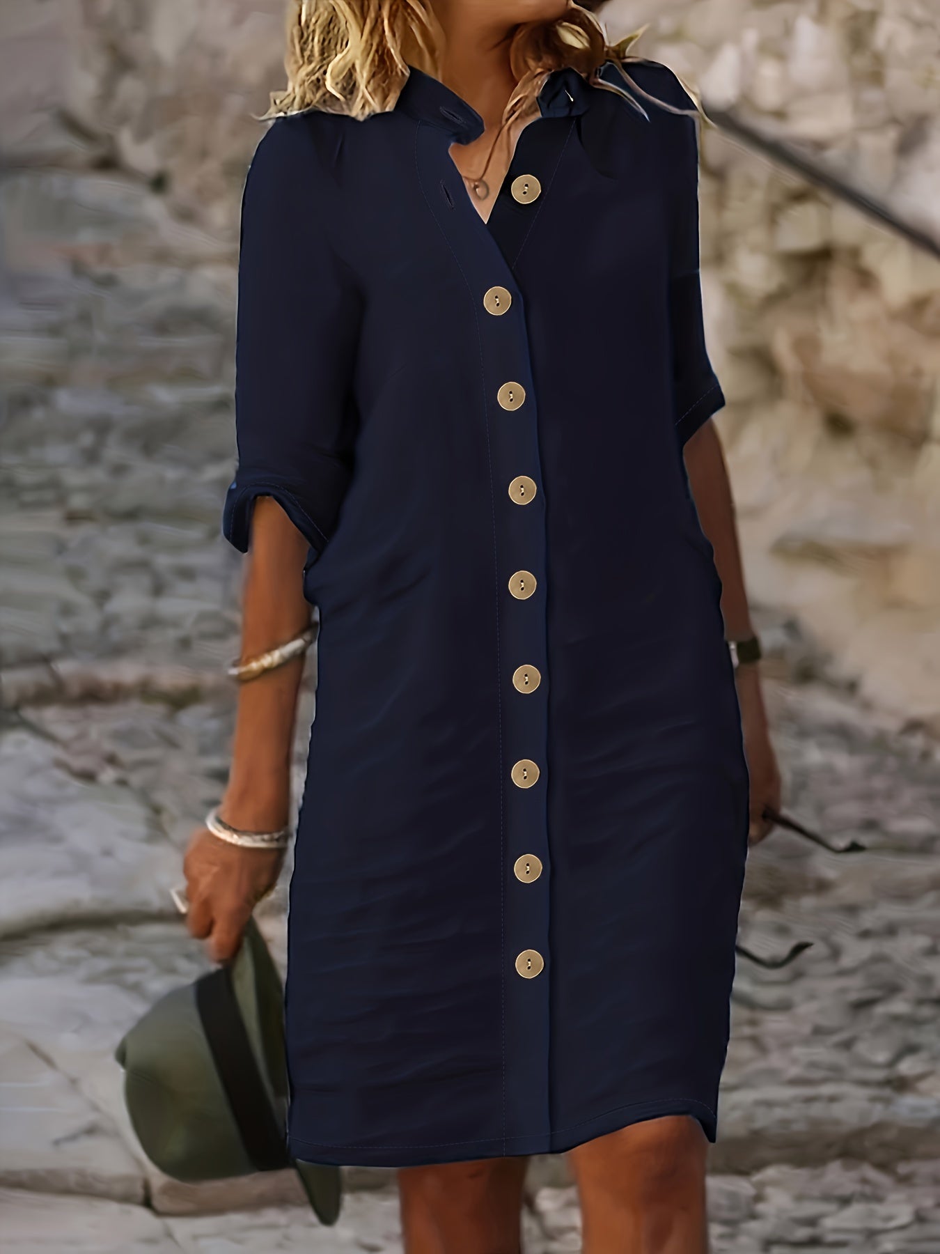 Women's Navy Blue Casual Shirt Dress - Single-Breasted Collar, Half Sleeve, Straight Cut, Machine Washable, Spring/Fall Fashion